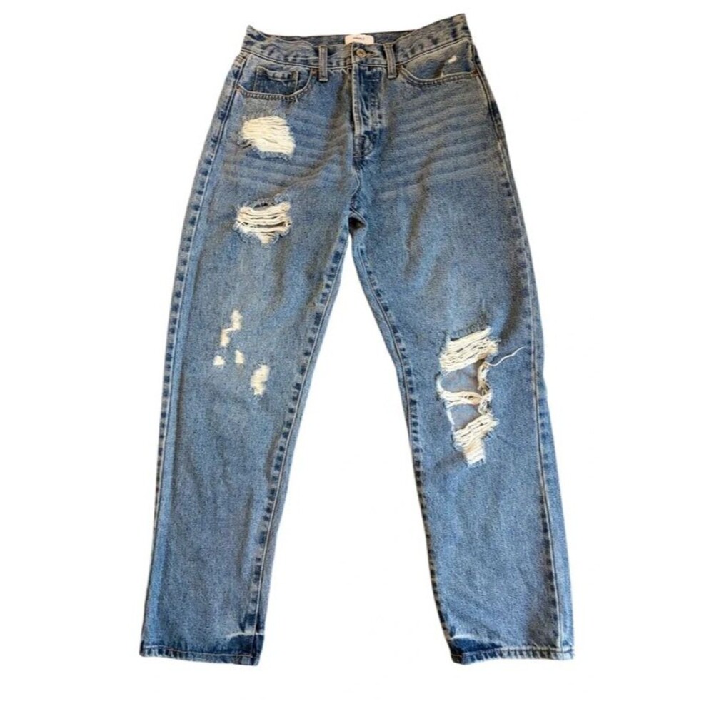 Forever 21 Distressed High Rise Jeans Size 28 Button Fly Straight Leg Blue Denim
